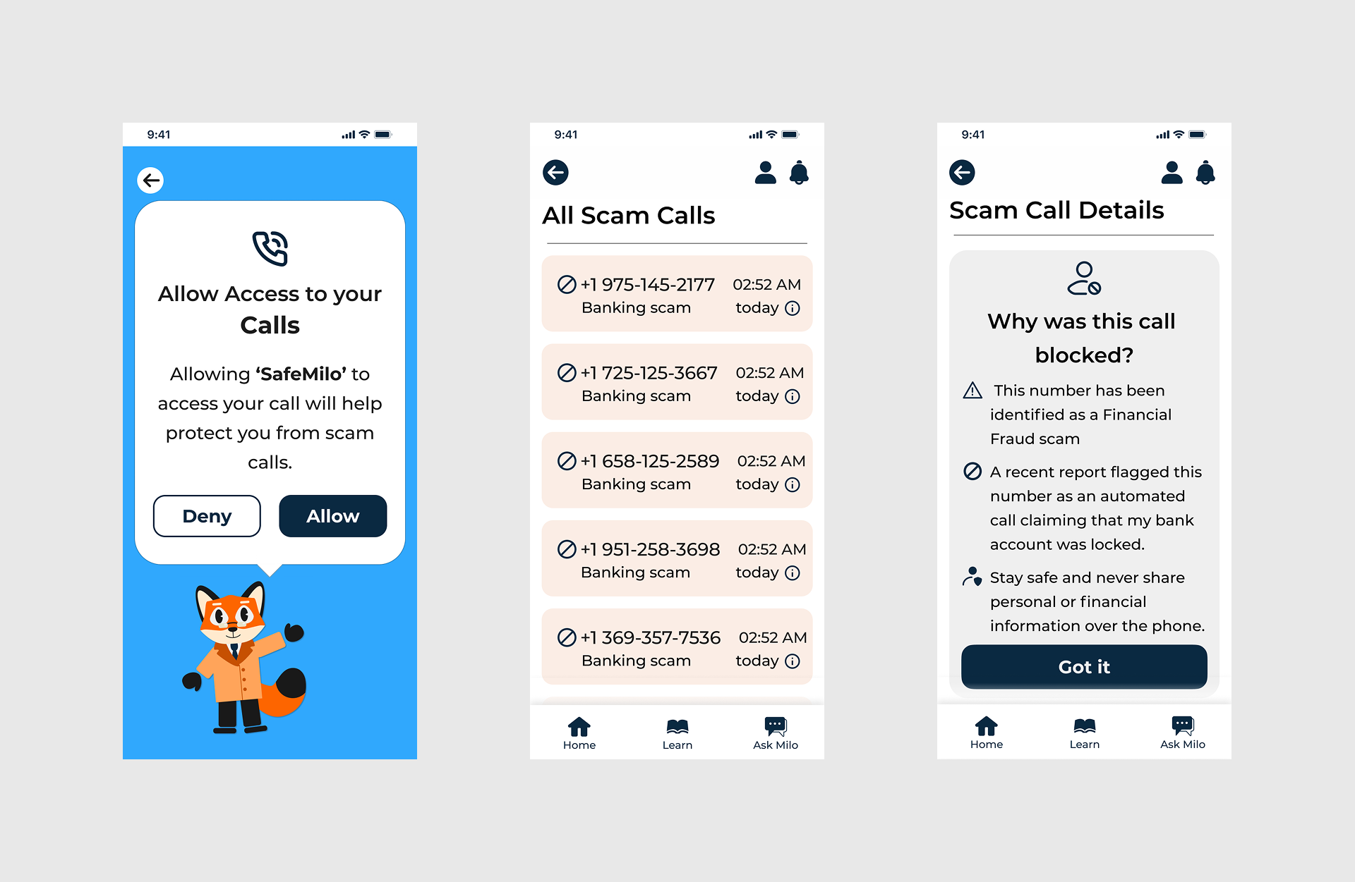 Safemilo Calling Screens