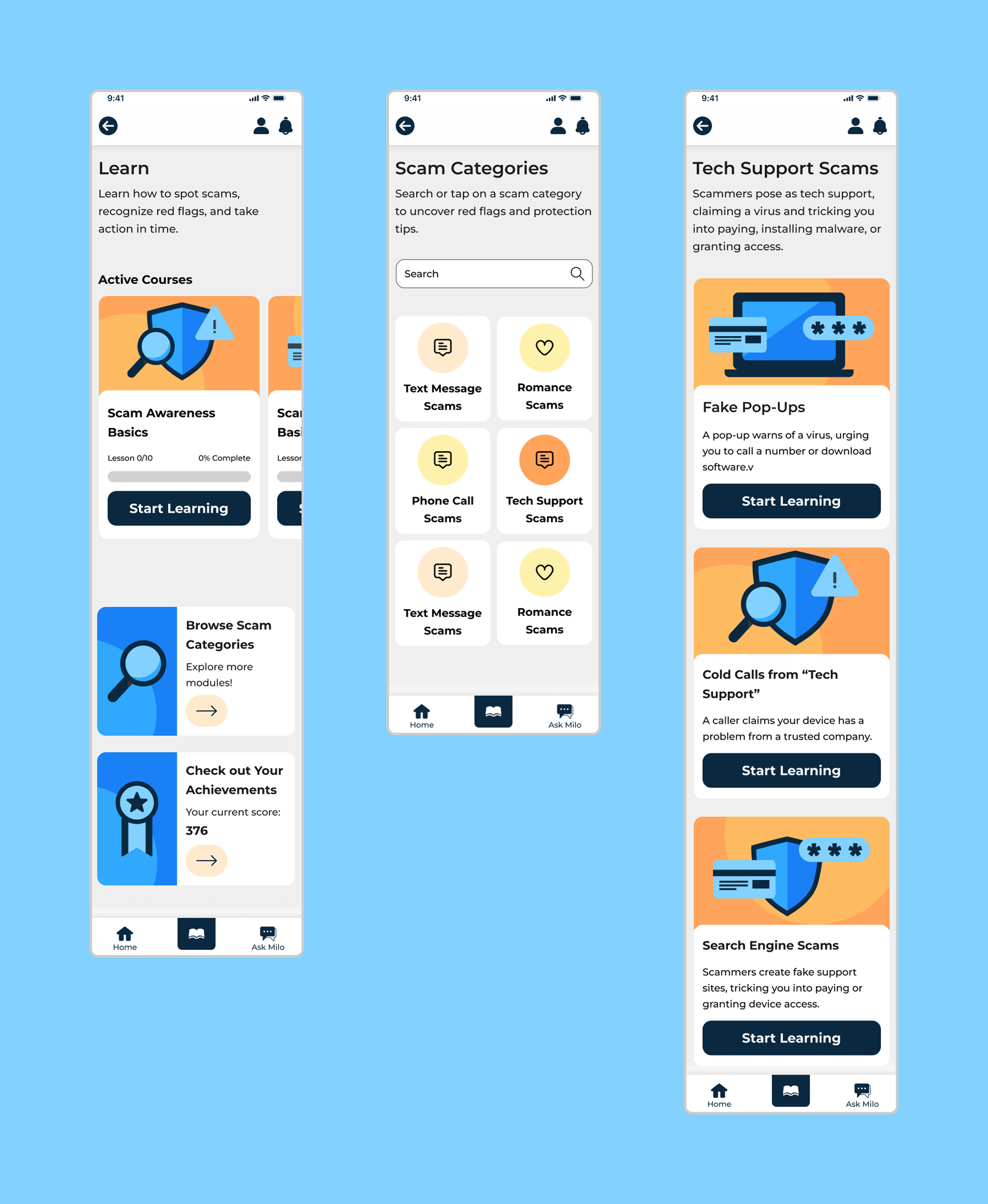 Safemilo Learning Screens
